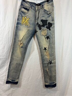 AMIRI Light Blue Distressed Skinny Jeans with Embroidered Patches 30